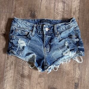 Aeropostale Vintage Low Rise Shorty Distressed Denim Jean Shorts Blue Womens 0
